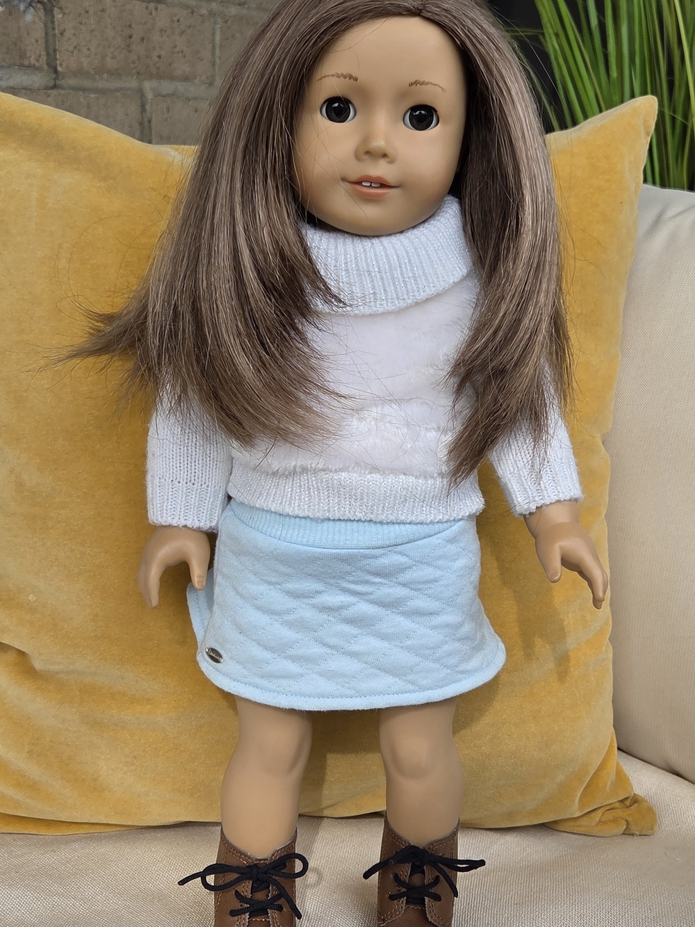 American Girl Doll Brown Hair White Sweater Light Blue Skirt